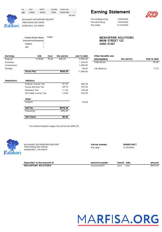 Printable USA Ohio Kalahari Waterpark Resort business utility bill template in Word and PDF formats